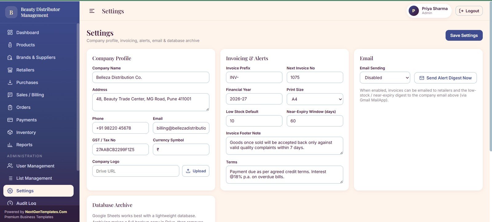 Settings page with company profile invoice settings alert levels email digest and archive options