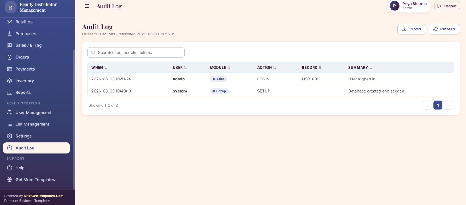 Audit log page with user activity module actions login history setup history and search filters