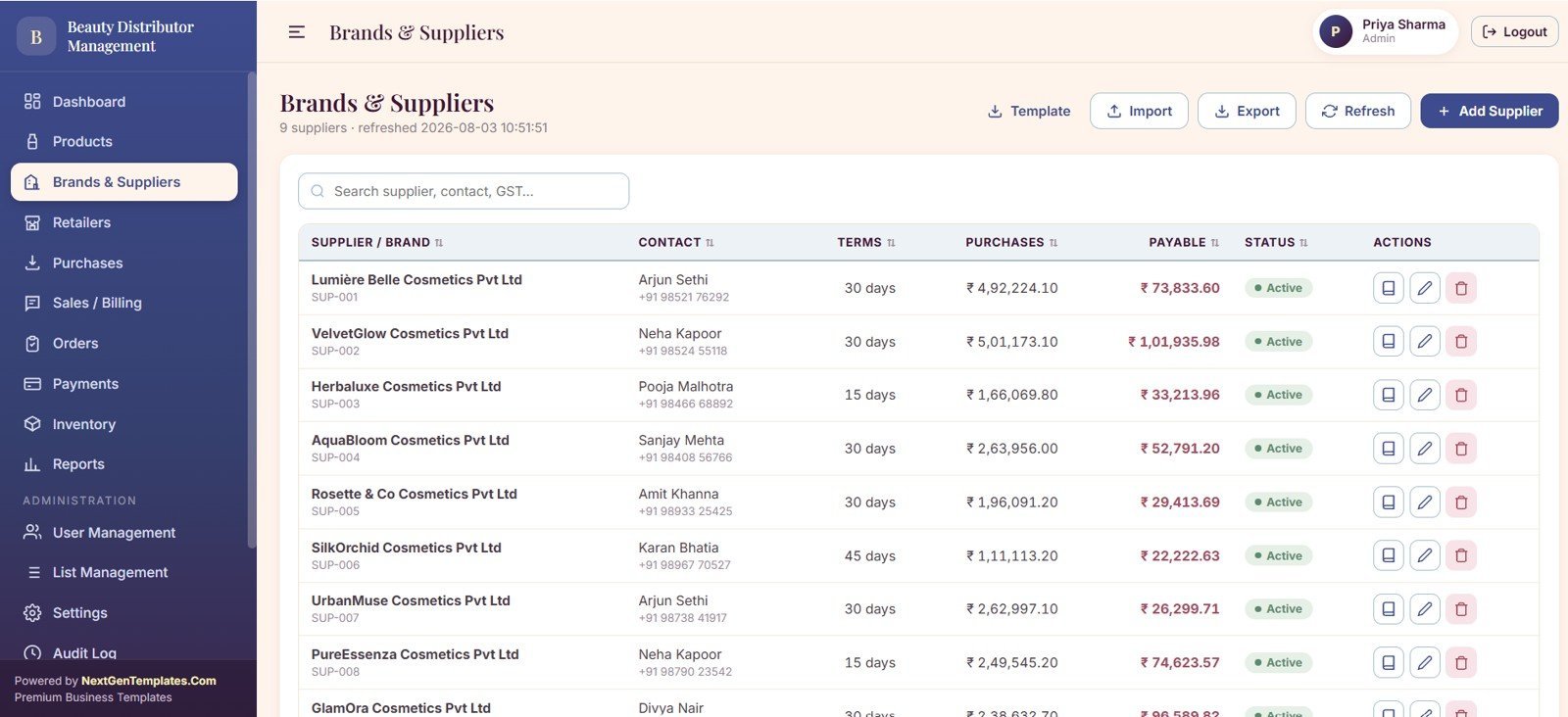 Beauty products distributor brands and suppliers page