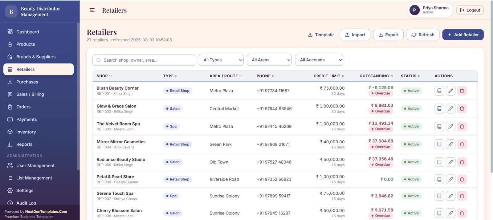 Beauty products distributor retailers page with outstanding credit limit route and account status