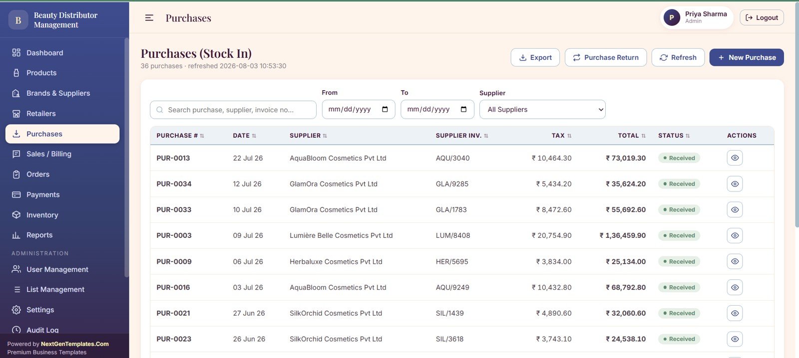 Purchases stock in page with supplier invoice tax stock-in and return tracking