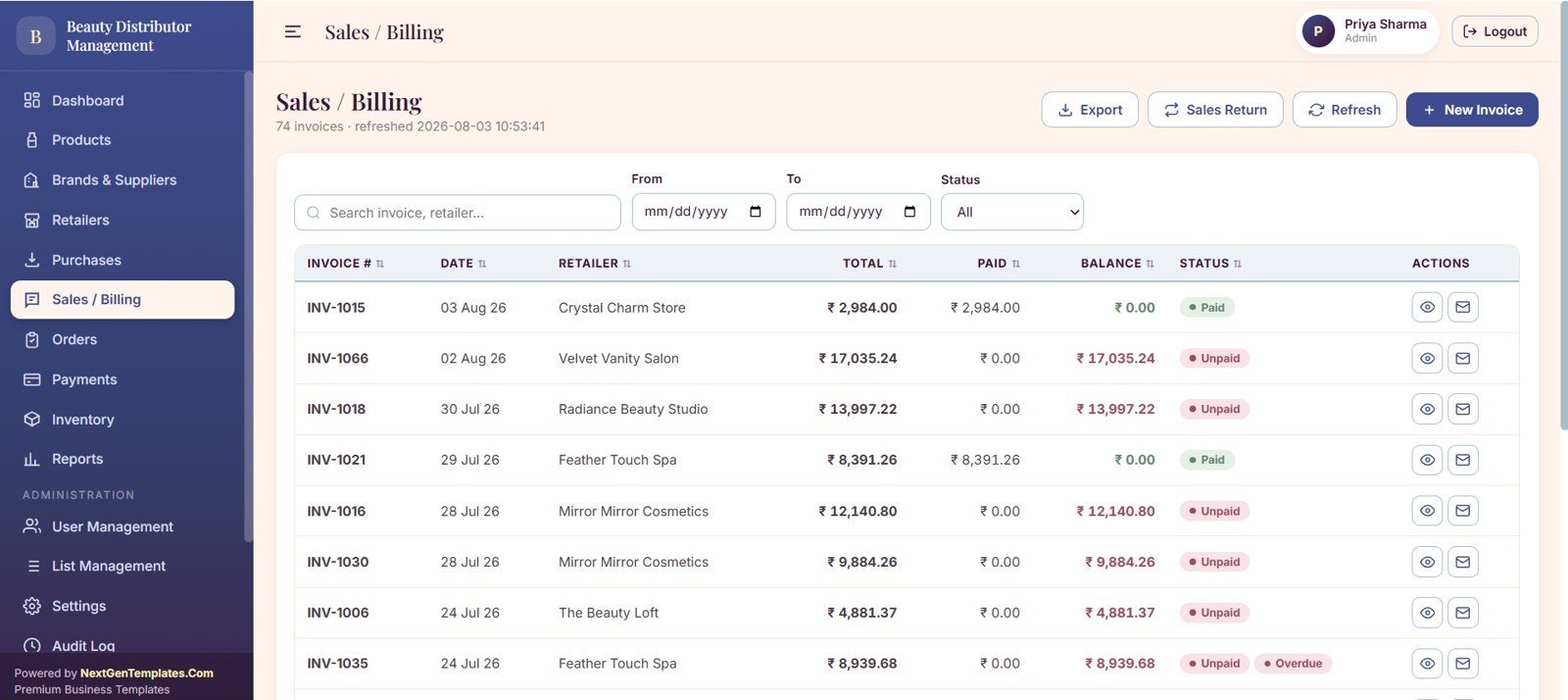 Beauty products distributor sales and billing page