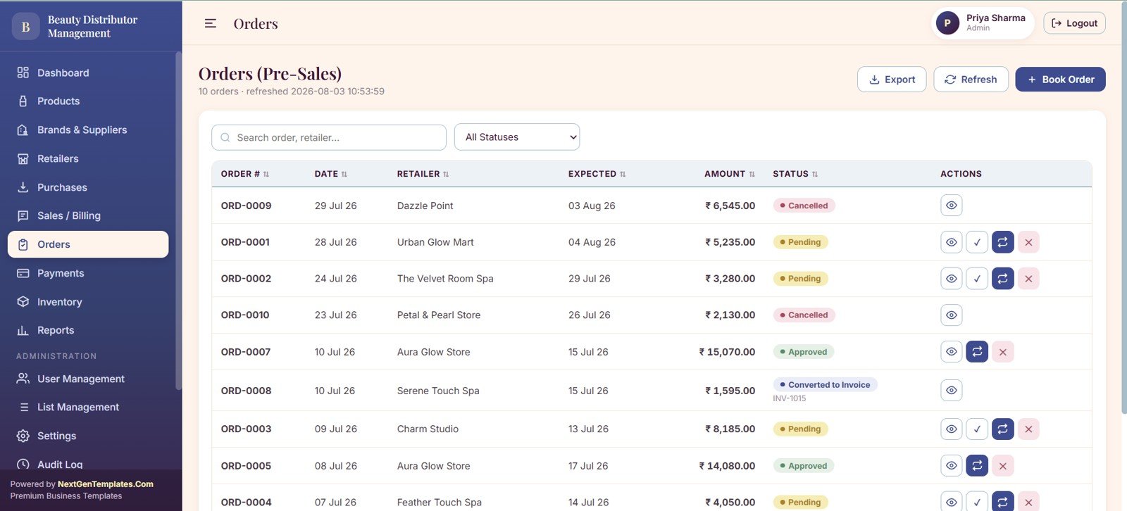 Pre-sales order page with order amount delivery status conversion and approval