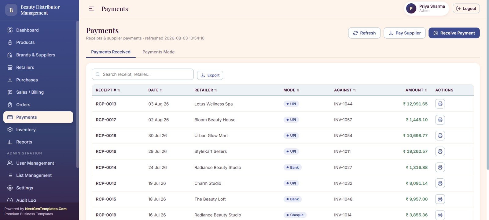 Payments page with retailer receipts payment modes invoice amount and supplier payments