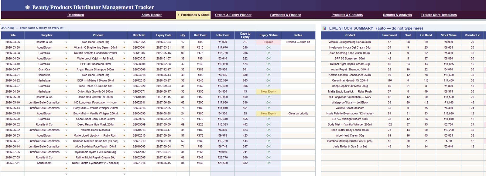 Purchases and Stock tab in Beauty Products Distributor Management Tracker