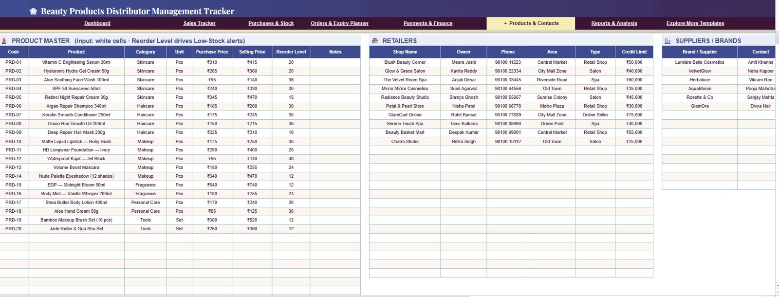 Products and Contacts tab in Beauty Products Distributor Management Tracker