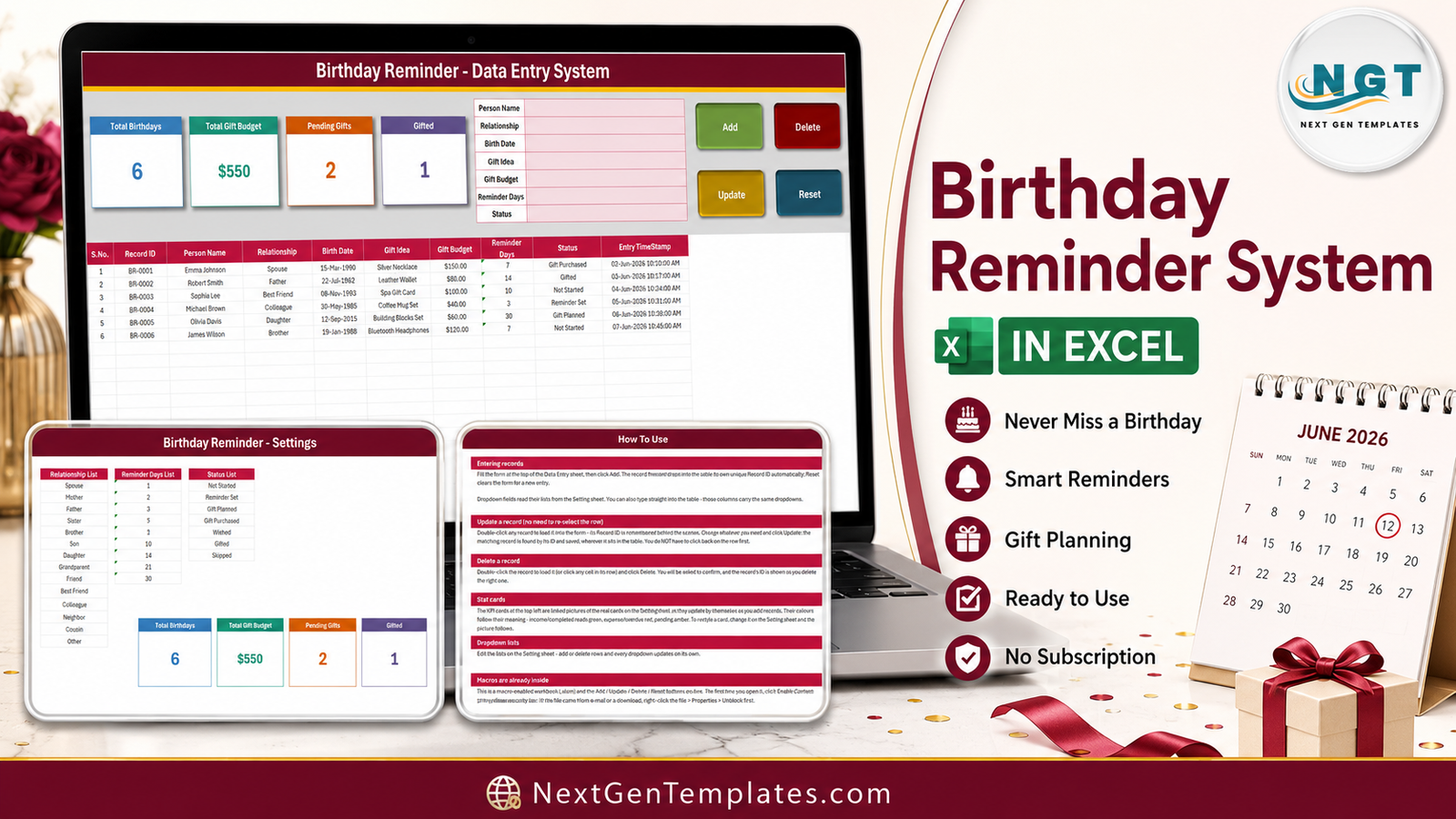 Birthday Reminder Data Entry System in Excel