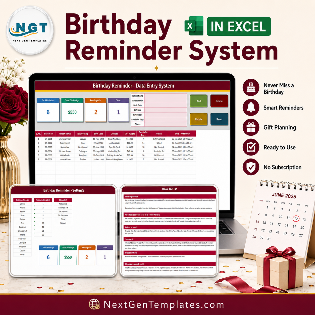Birthday Reminder Data Entry System in Excel - product cover