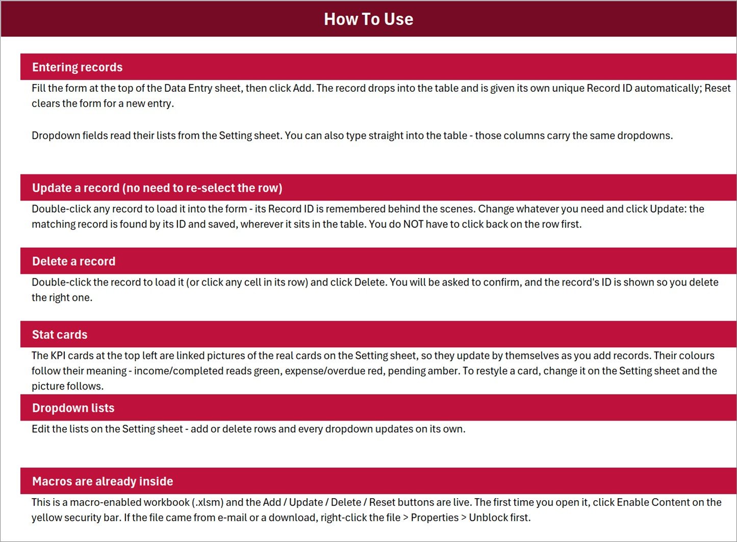 How To Use sheet covering entry, update, delete, stat cards, dropdown lists and macros