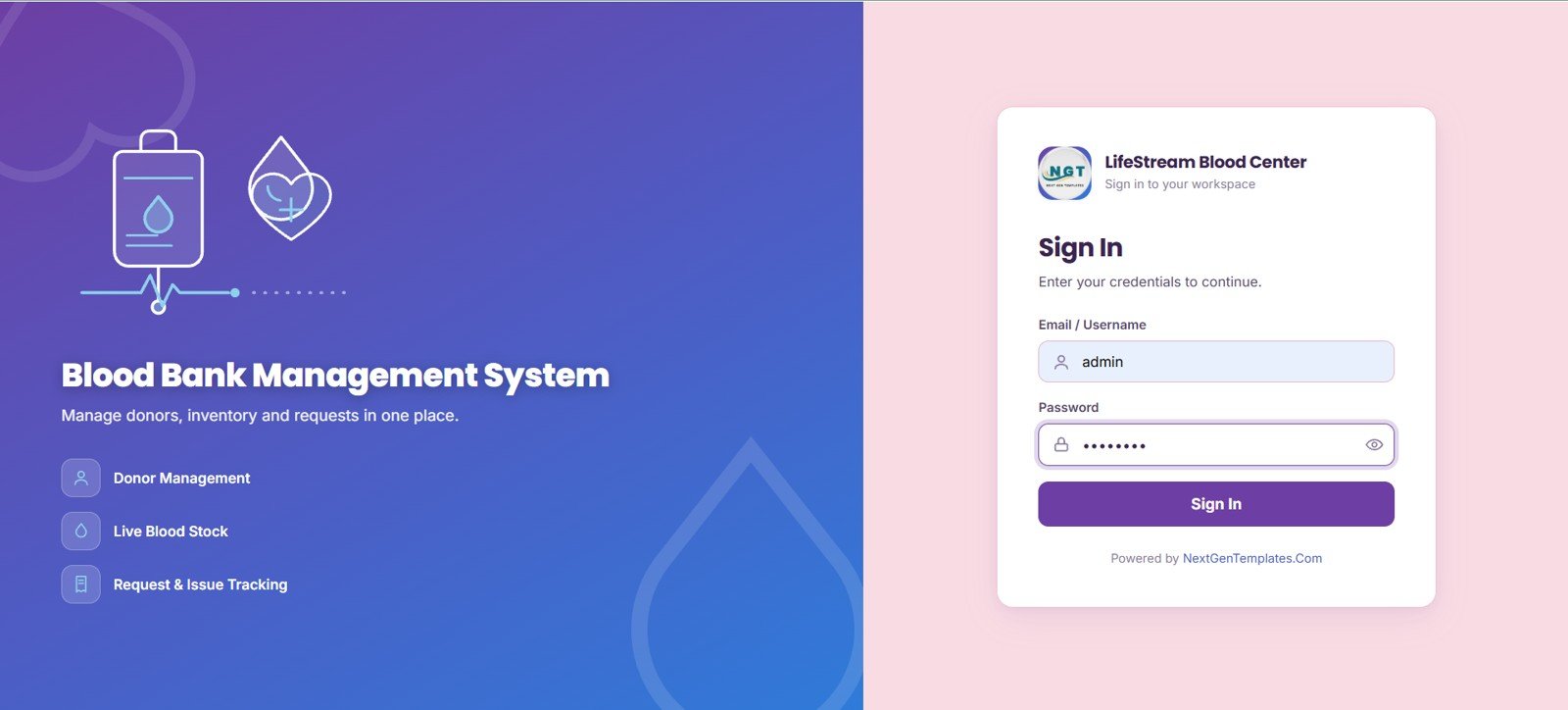 Blood Bank Management System Web App sign in page screenshot