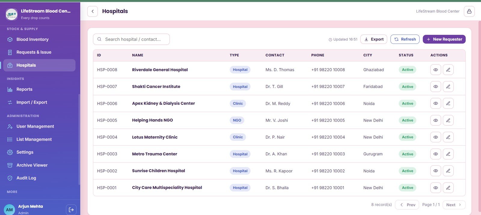 Hospitals page in Blood Bank Management System Web App