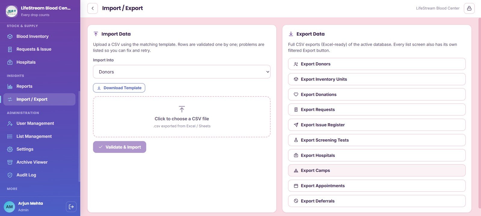 Import and Export page in Blood Bank Management System Web App