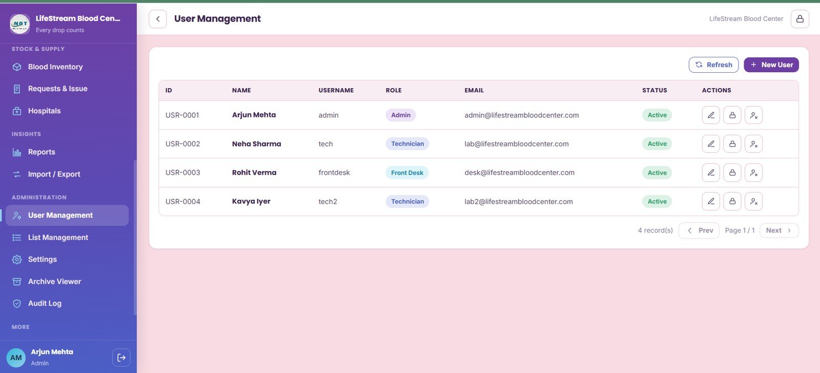 User Management page in Blood Bank Management System Web App