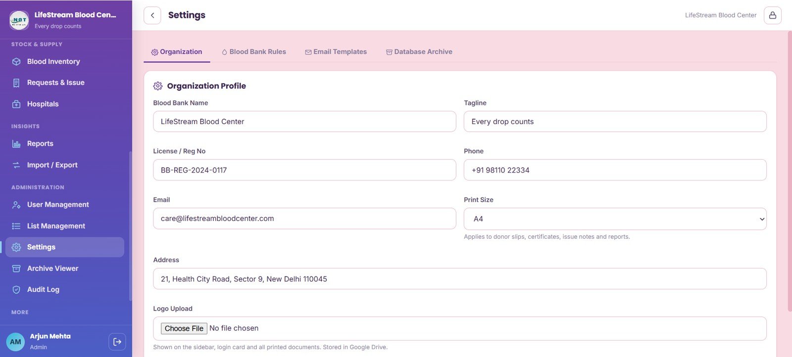 Settings page in Blood Bank Management System Web App