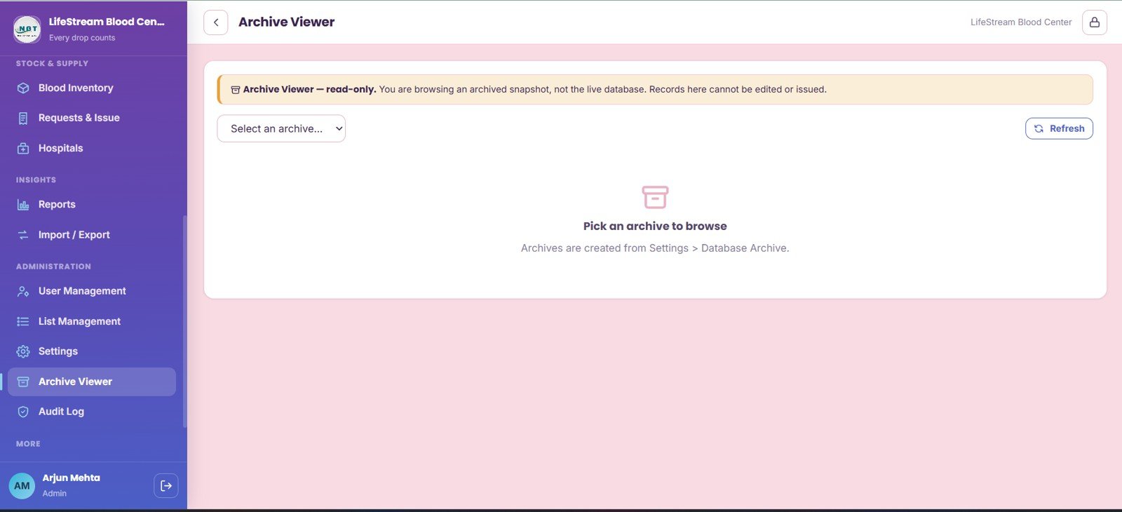 Archive Viewer page in Blood Bank Management System Web App