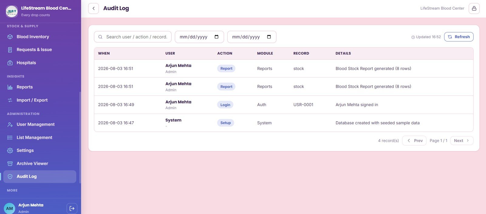 Audit Log page in Blood Bank Management System Web App