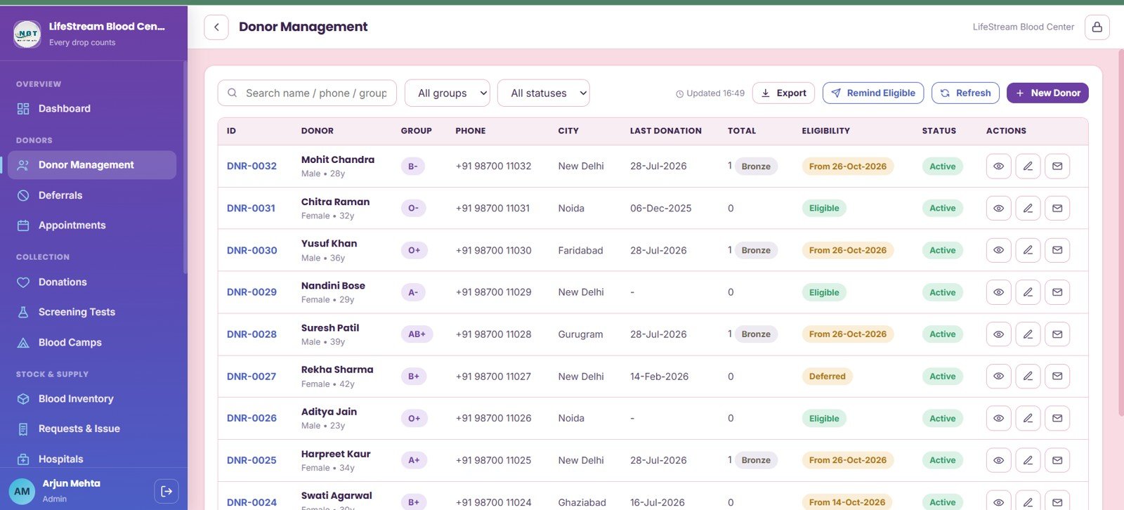 Donor Management page in Blood Bank Management System Web App