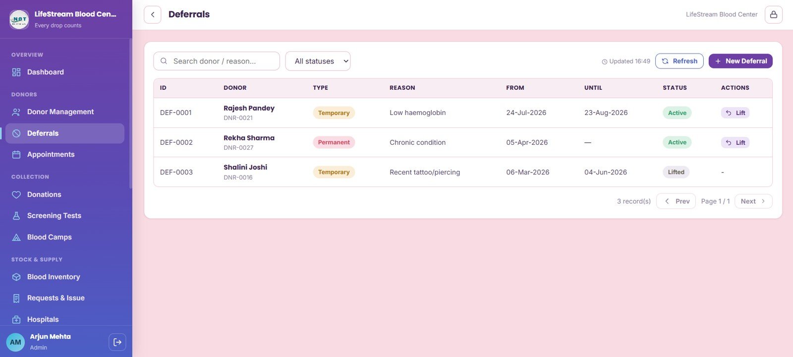Deferrals page in Blood Bank Management System Web App
