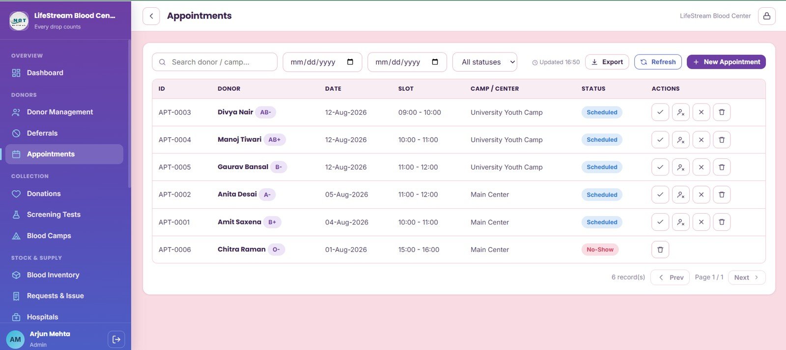 Appointments page in Blood Bank Management System Web App