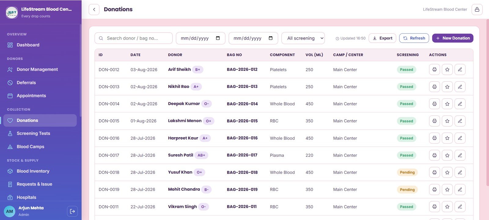 Donations page in Blood Bank Management System Web App