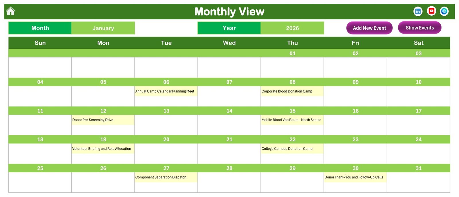Blood Donation Camp Calendar in Excel - Monthly View for January 2026