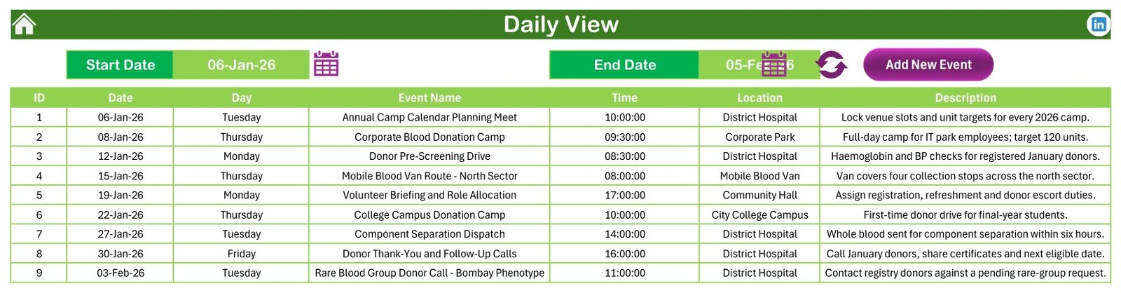 Blood Donation Camp Calendar in Excel - Daily View date range list