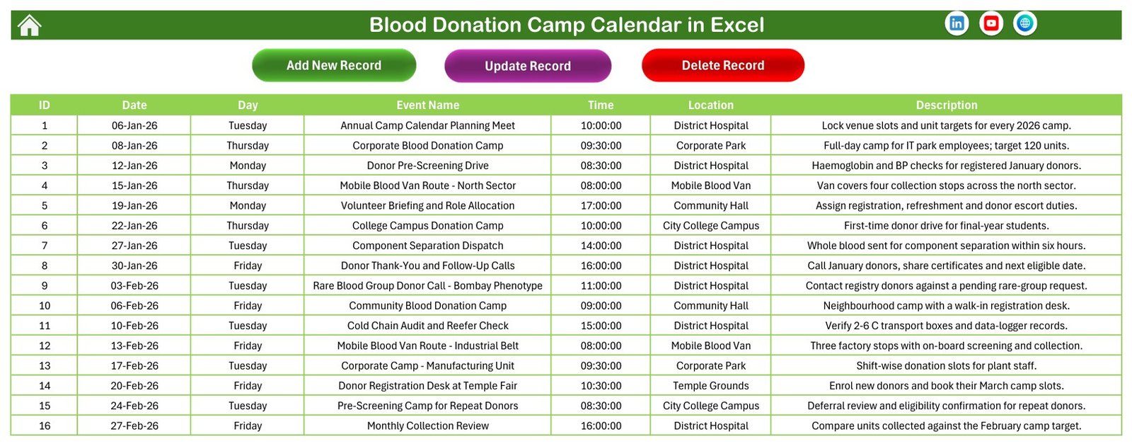 Blood Donation Camp Calendar in Excel - Events master table