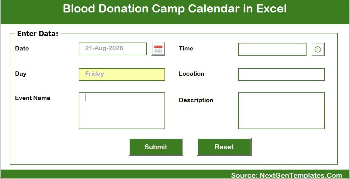 Blood Donation Camp Calendar in Excel - pop-up entry form