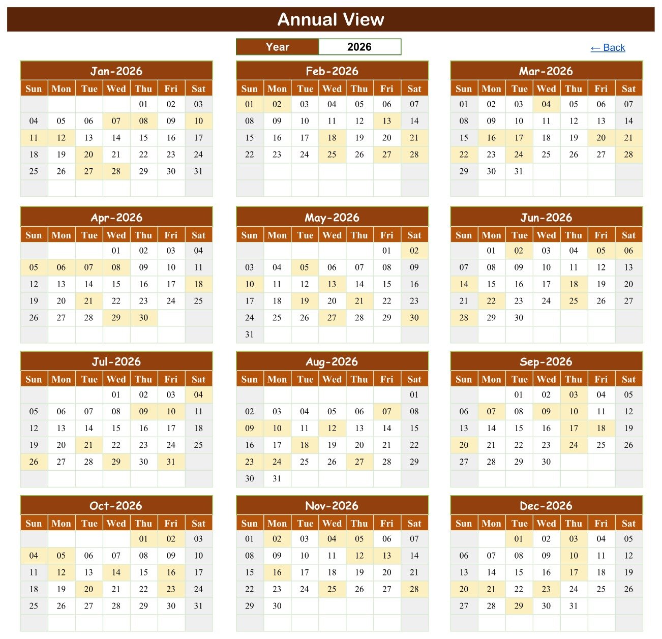Annual View of the Blood Donation Camp Calendar in Google Sheets showing all twelve 2026 month grids with camp days shaded