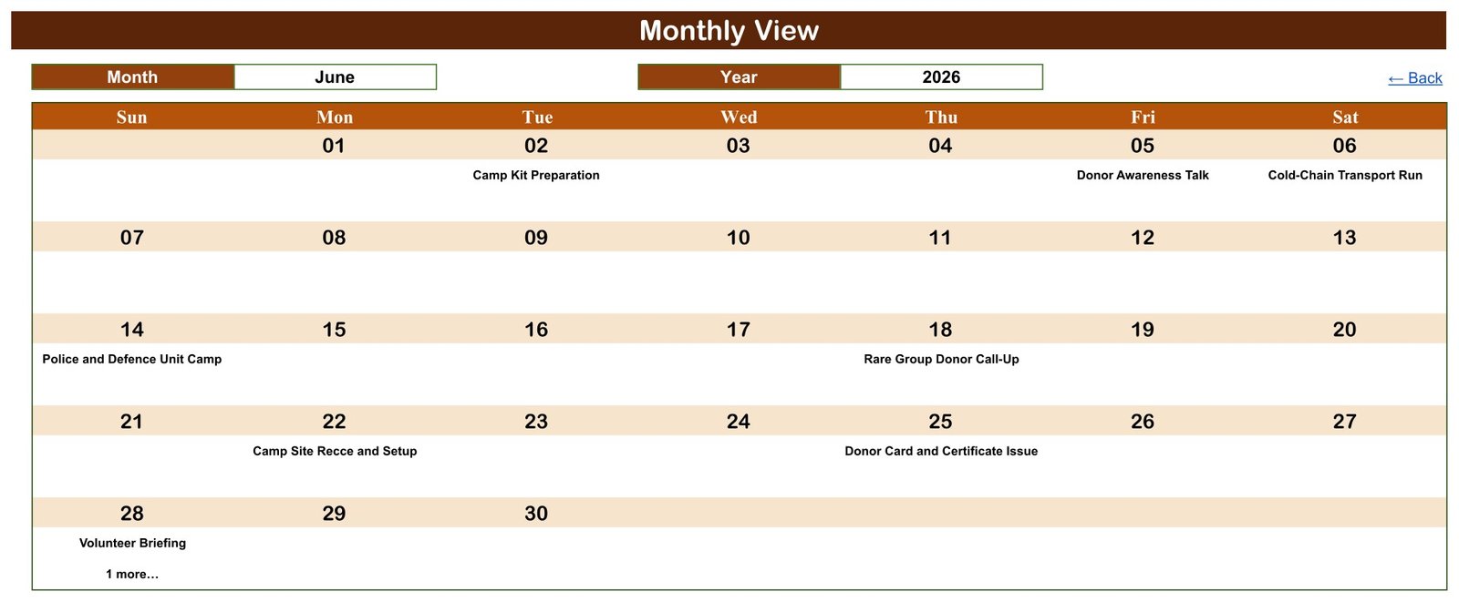 Monthly View of the Blood Donation Camp Calendar in Google Sheets showing June 2026 with camp names on scheduled days