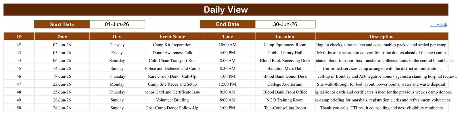 Daily View of the Blood Donation Camp Calendar in Google Sheets filtering June 2026 events by start and end date