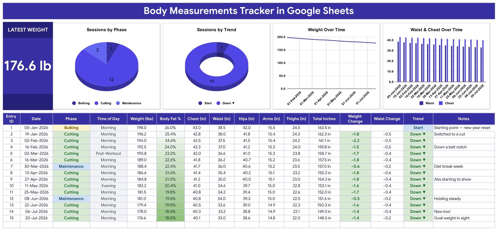 Body Measurements Tracker in Google Sheets - Tracker sheet with Latest Weight card and four charts