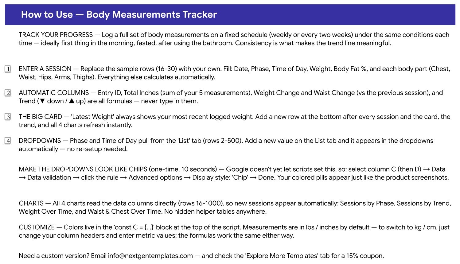Body Measurements Tracker in Google Sheets - How to Use sheet