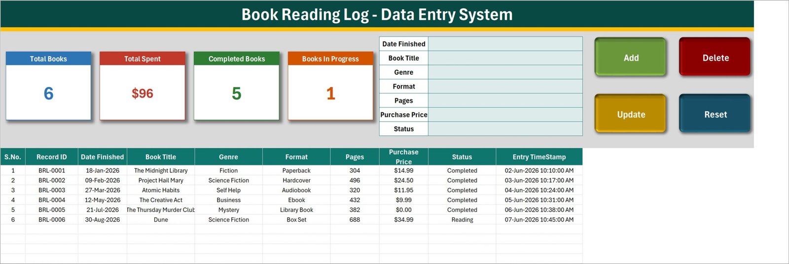 Book Reading Log Data Entry System in Excel - Data Entry sheet with form, summary cards and book table