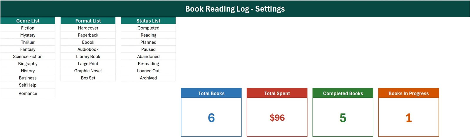Book Reading Log Data Entry System in Excel - Setting sheet with genre, format and status lists