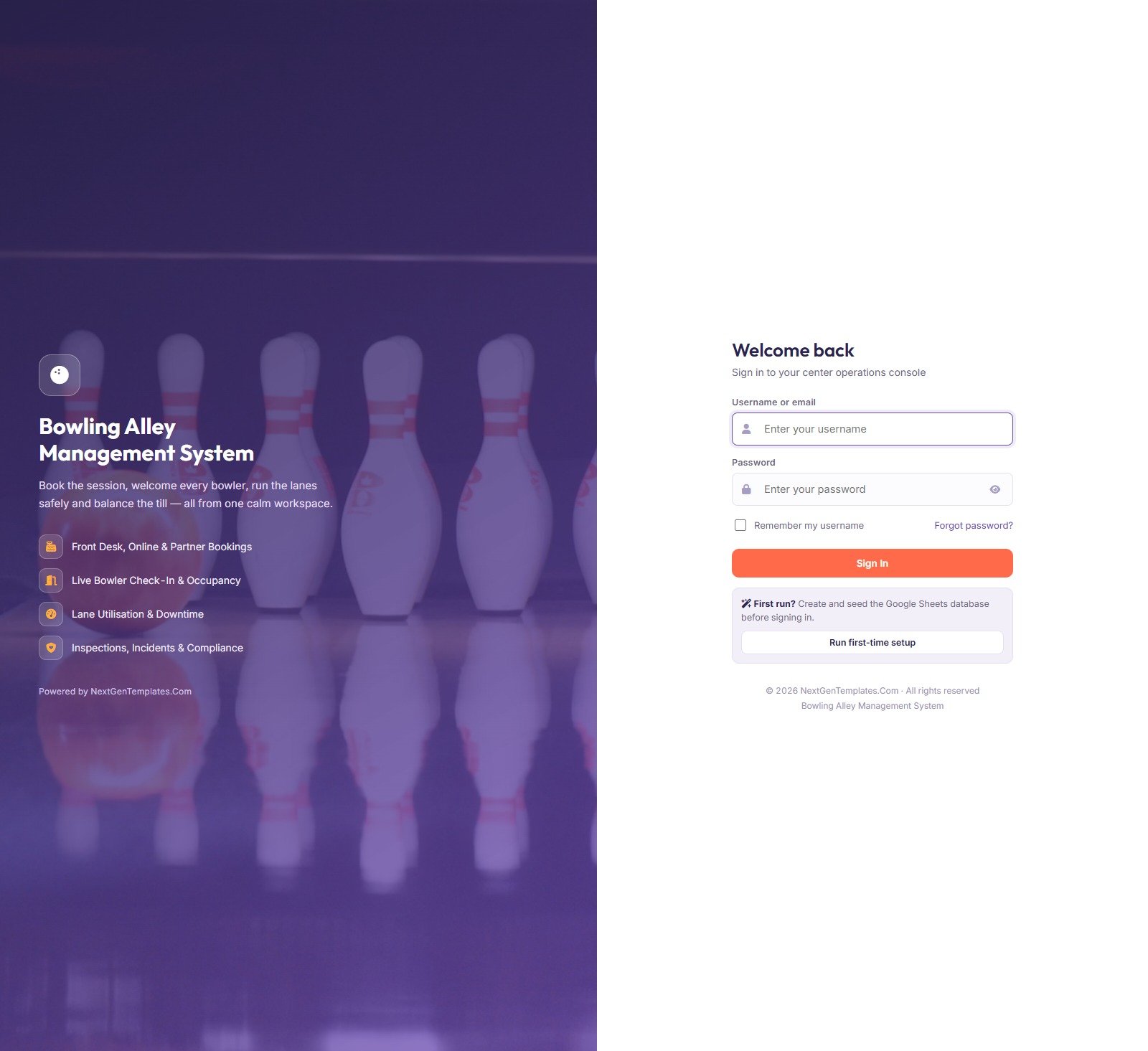 Bowling Alley Management System sign-in screen with the first-time setup button