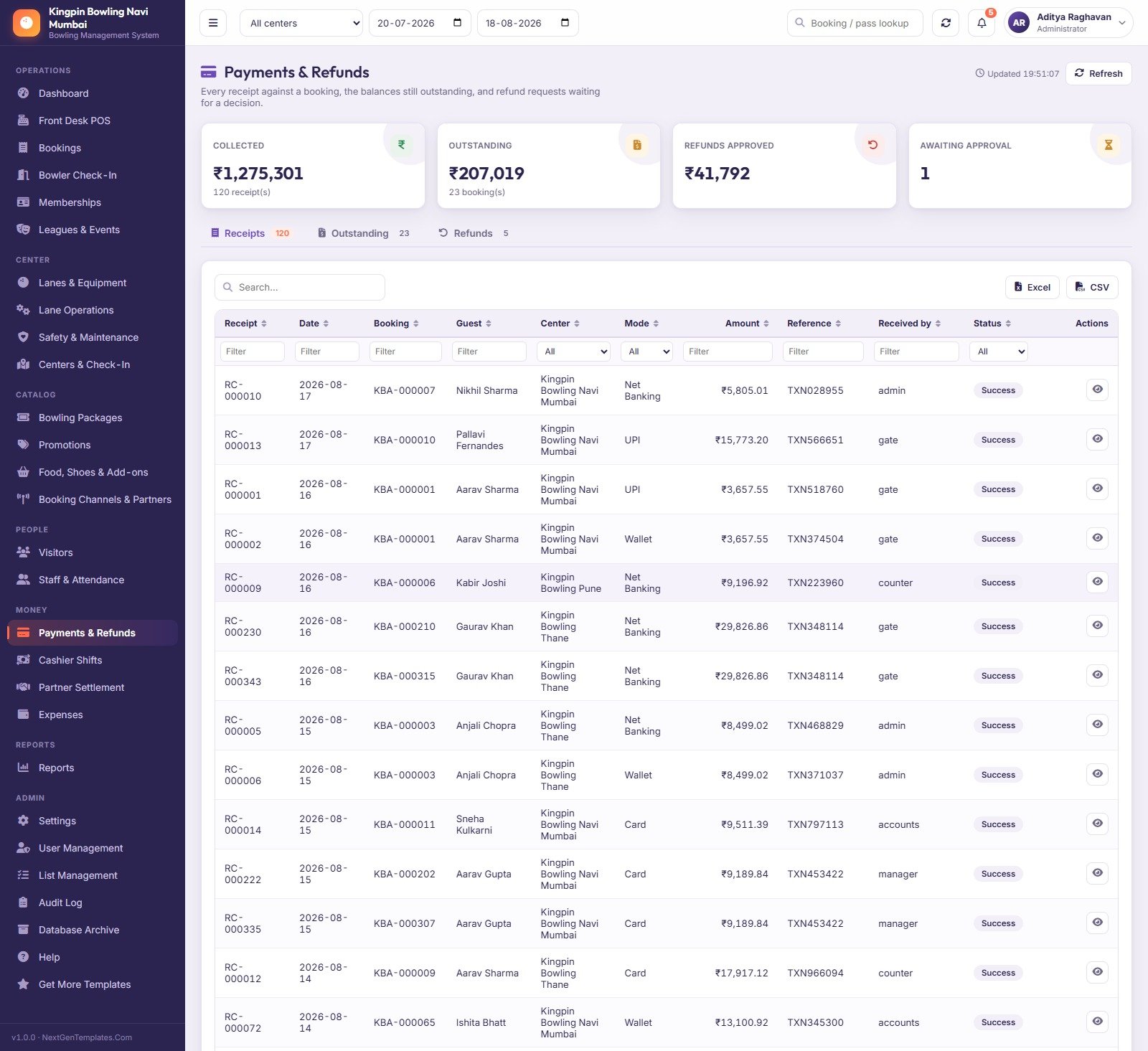 Payments and Refunds screen with receipts, outstanding balances and refunds