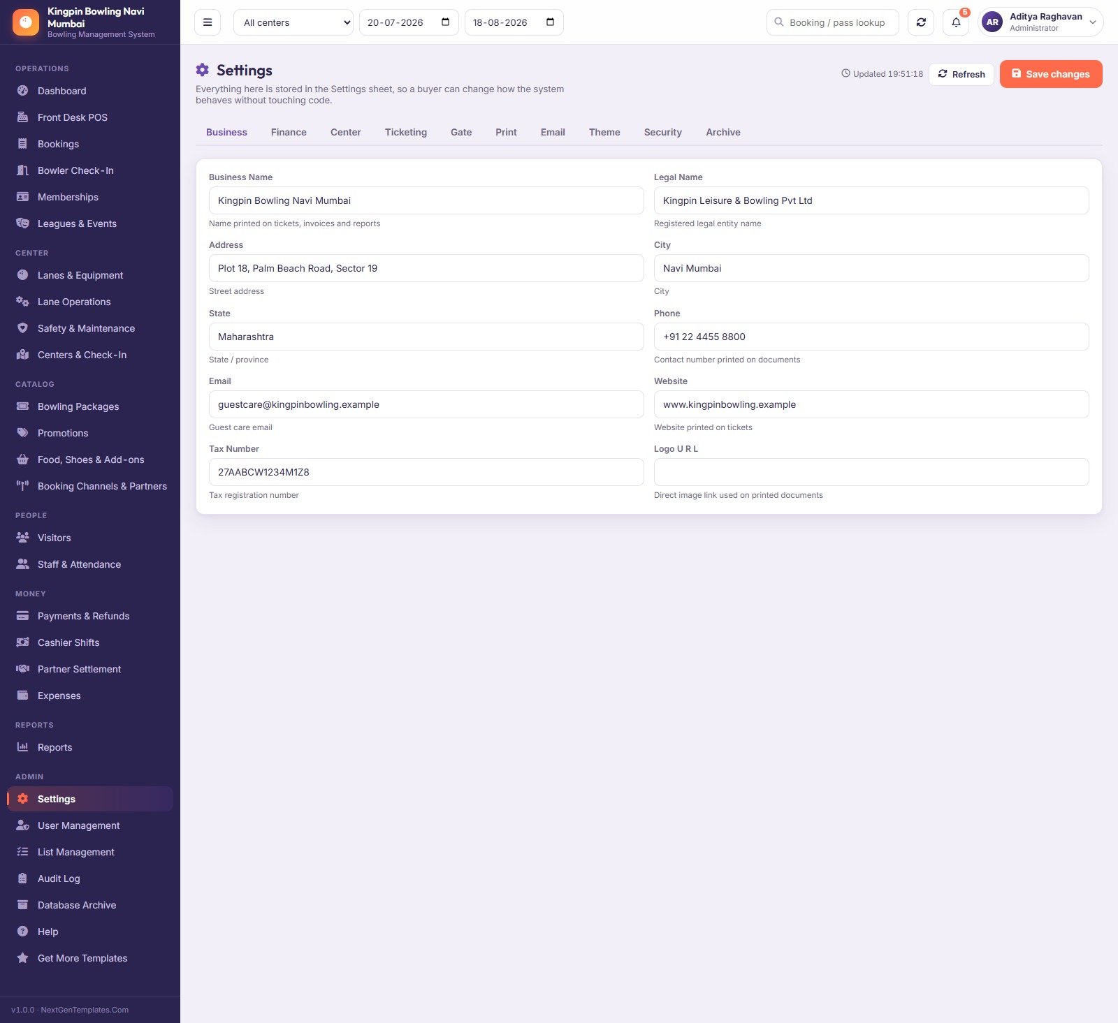 Settings screen showing the business profile tab