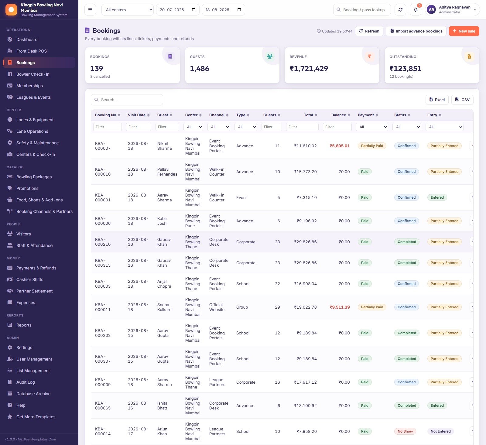 Bookings register with booking lines, tickets, payment and entry status