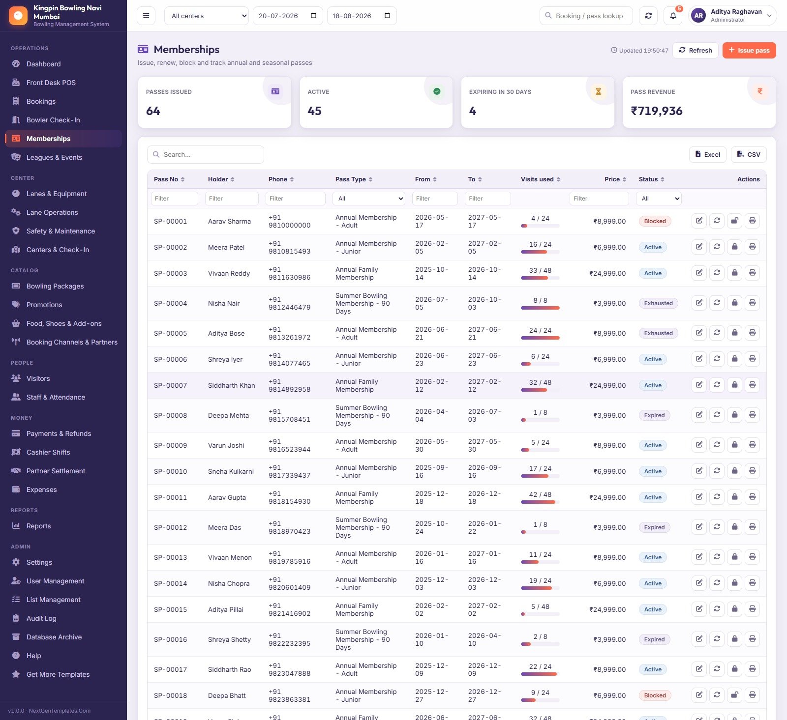 Memberships screen showing passes, visits used and pass status