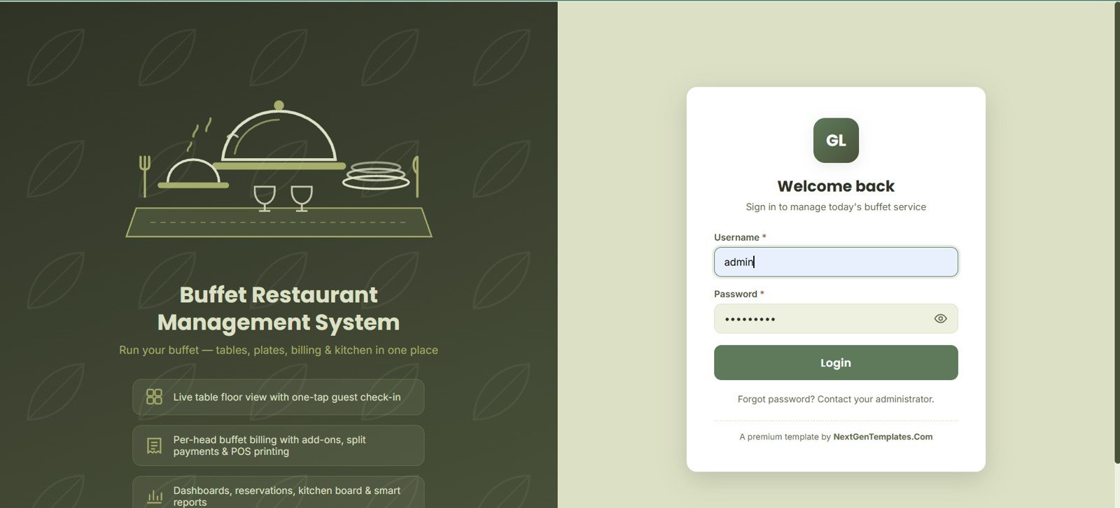 Buffet Restaurant Management System Web App login page
