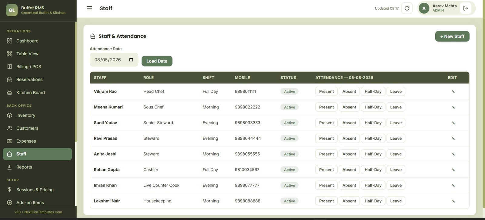 Buffet Restaurant Management System staff page