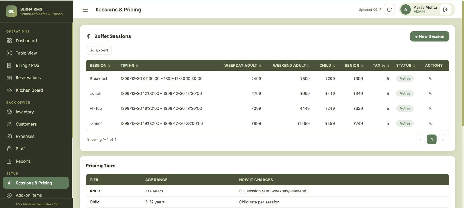 Buffet Restaurant Management System sessions and pricing page