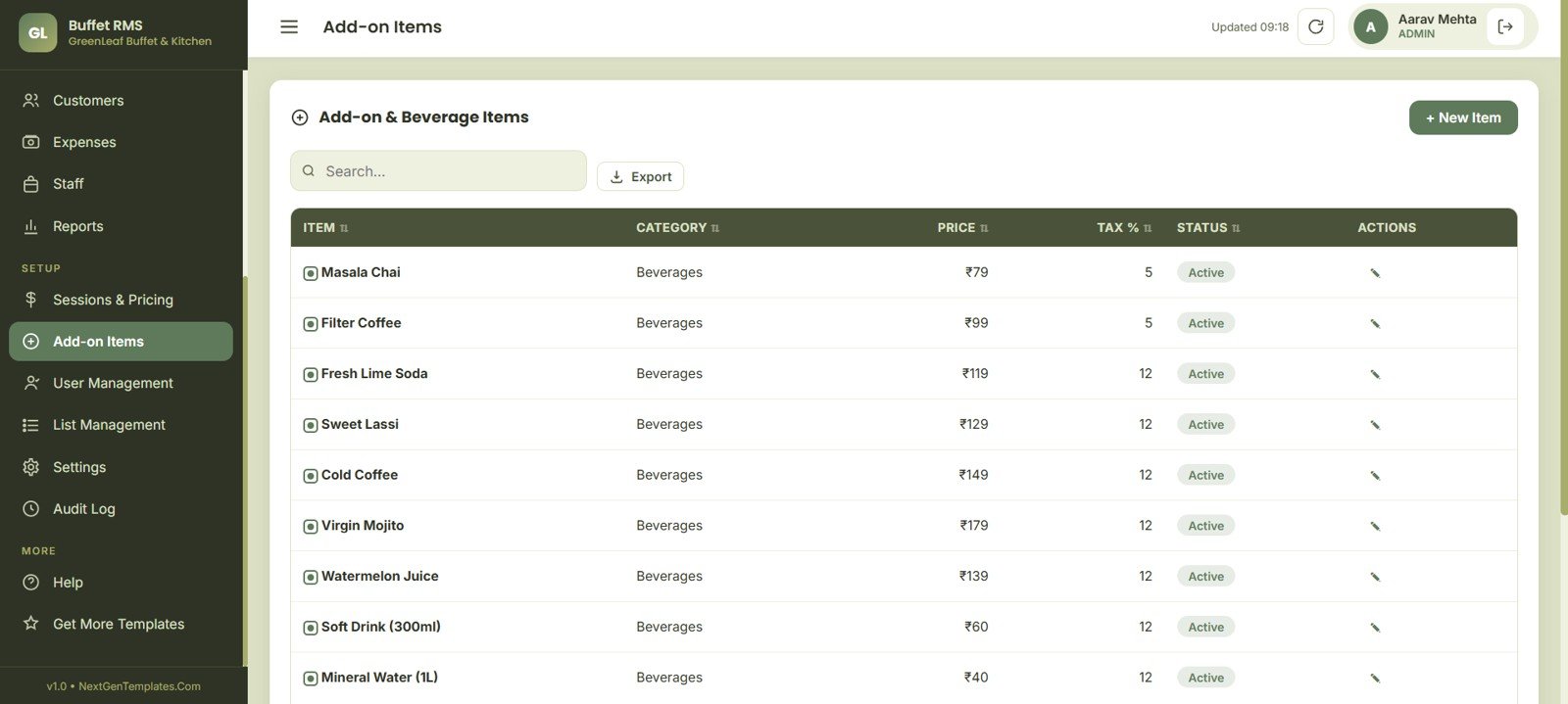 Buffet Restaurant Management System add-on items page