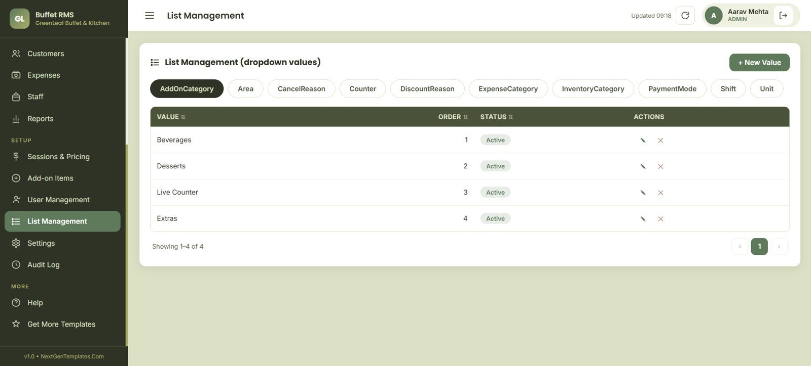 Buffet Restaurant Management System list management page