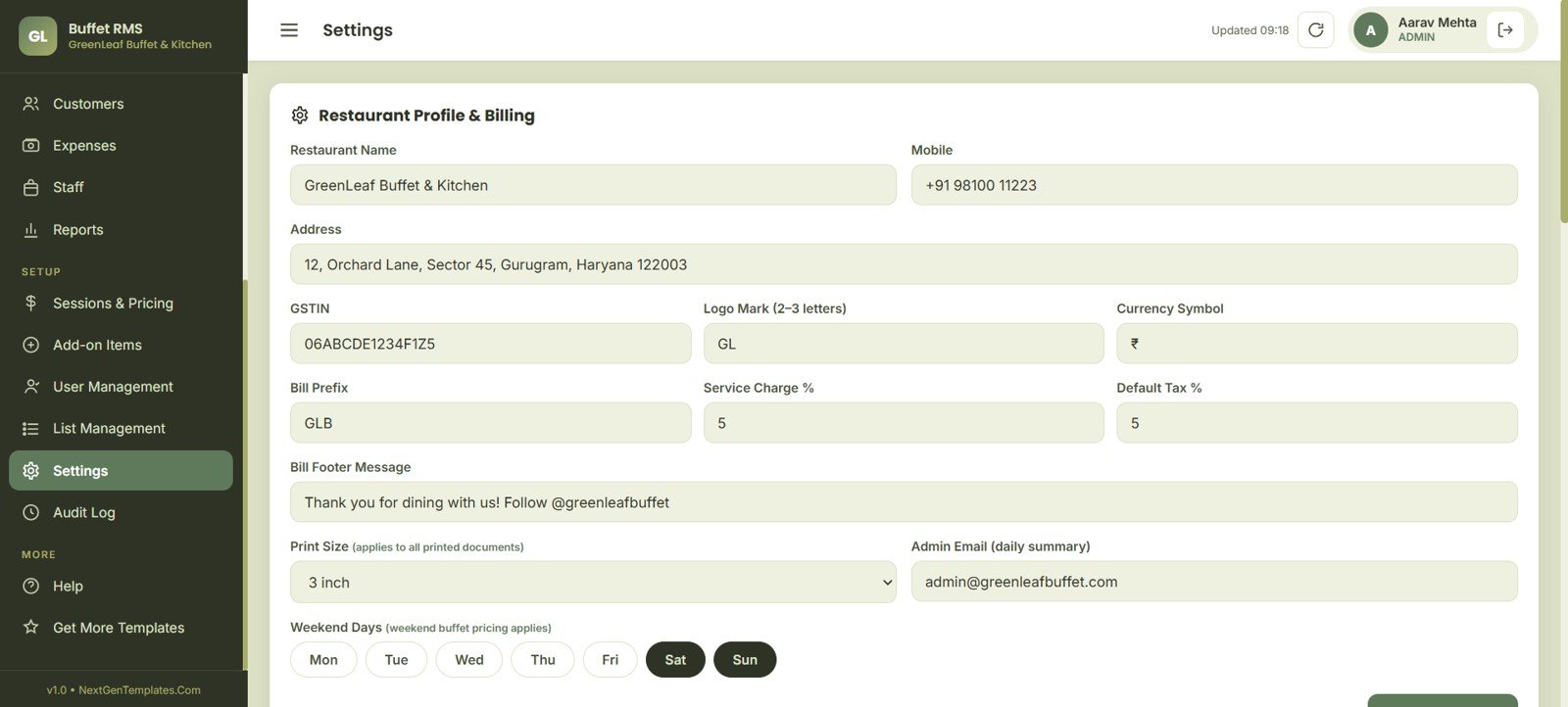 Buffet Restaurant Management System settings page
