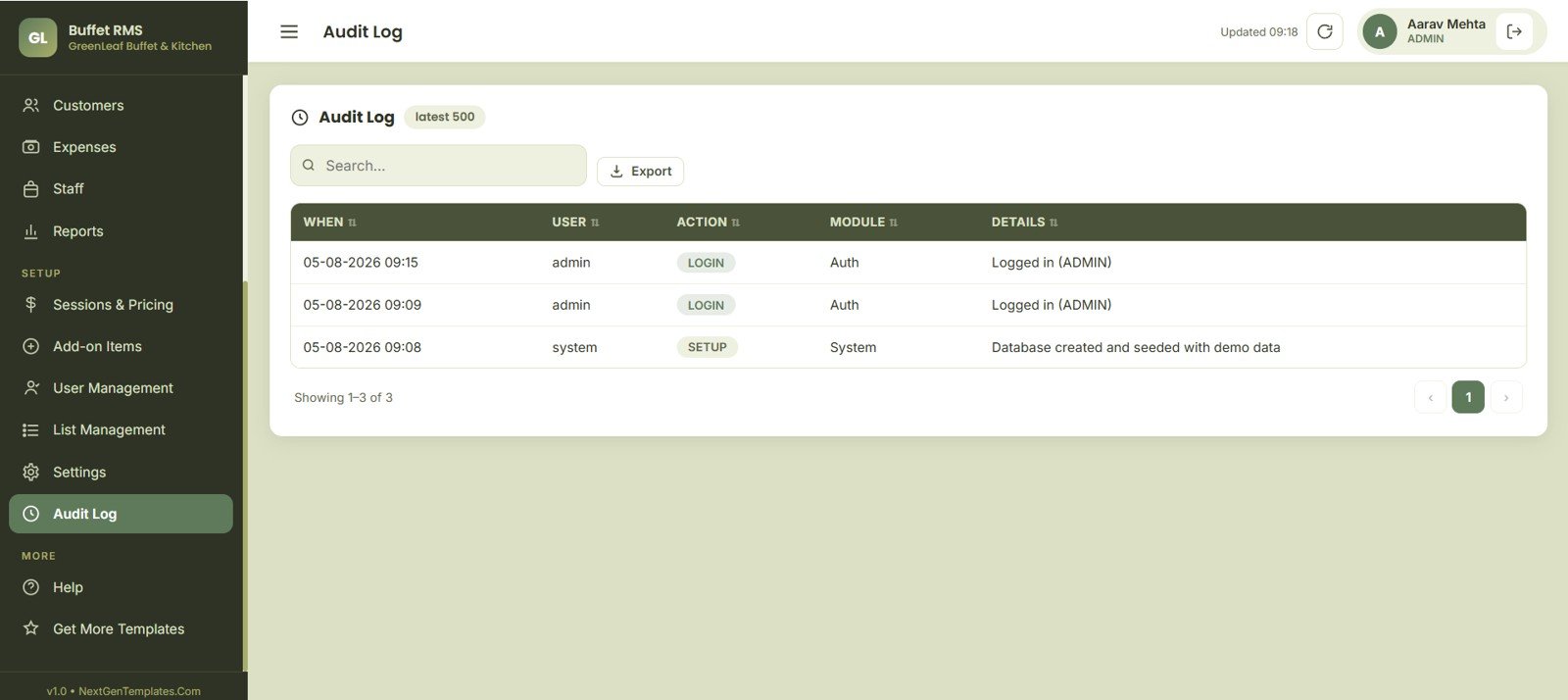 Buffet Restaurant Management System audit log page