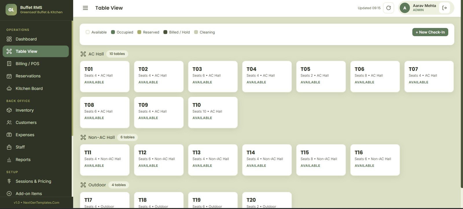 Buffet Restaurant Management System table view page