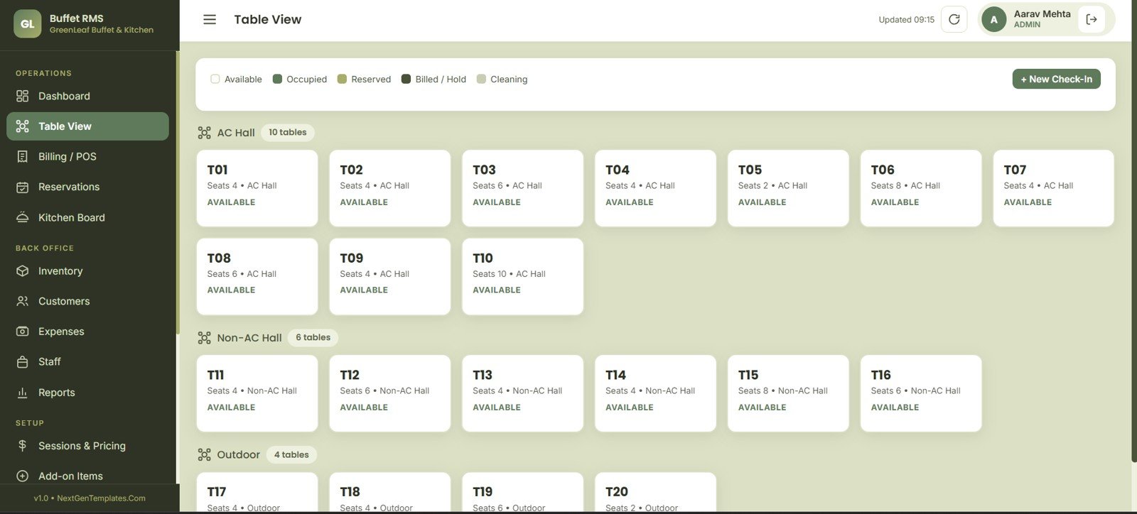 Buffet Restaurant Management System table view page