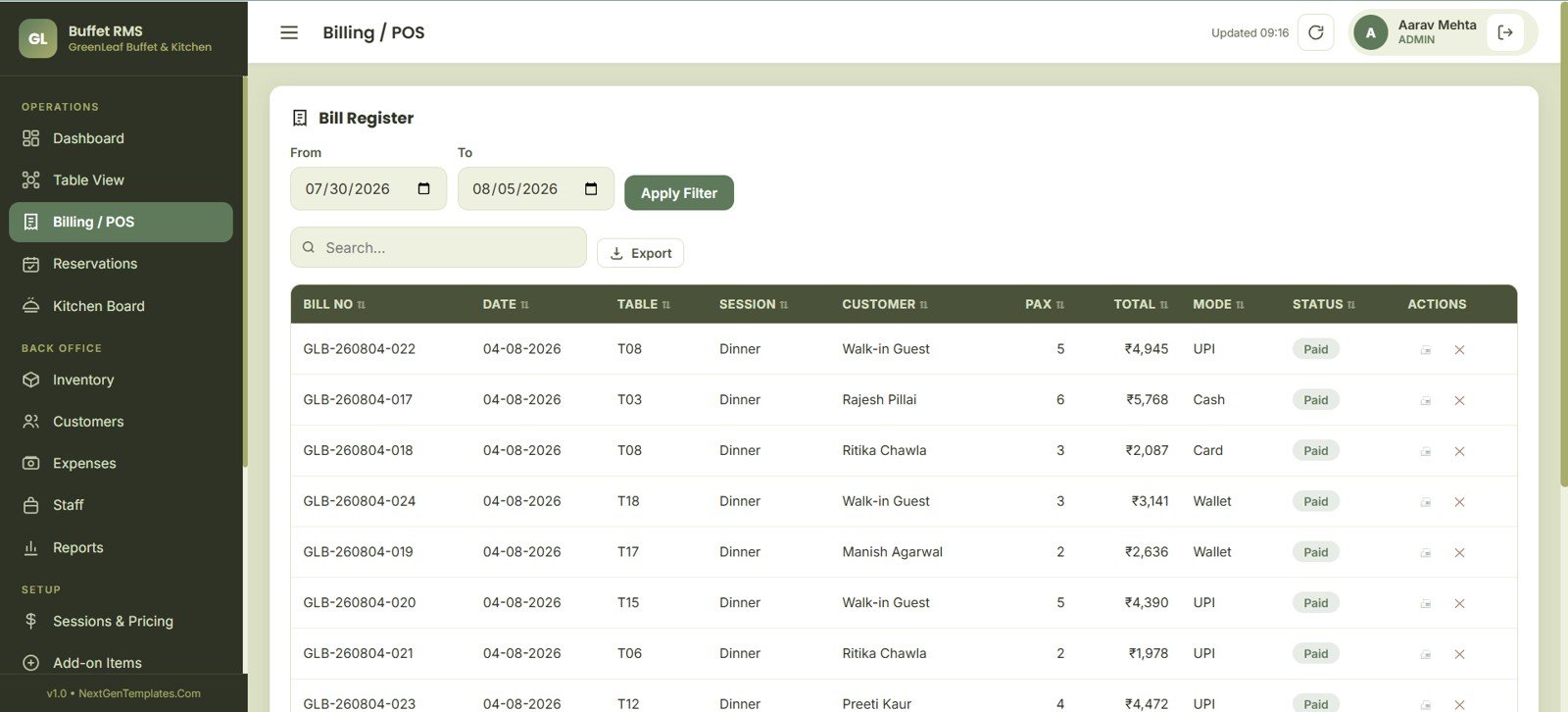 Buffet Restaurant Management System billing POS page